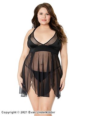 Romantisches Babydoll, Nylon, transparente Einlagen, Riemen am Hinterteil, Plus Size